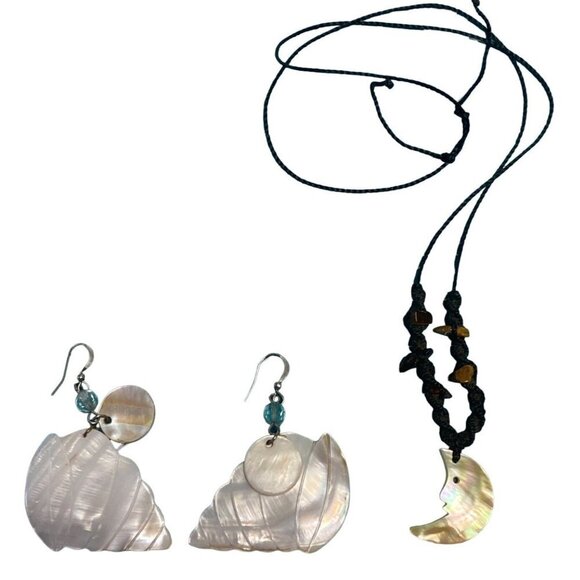 Mother pearl of shell iridescent dangle earrings and crescent moon charm necklac - Picture 2 of 4